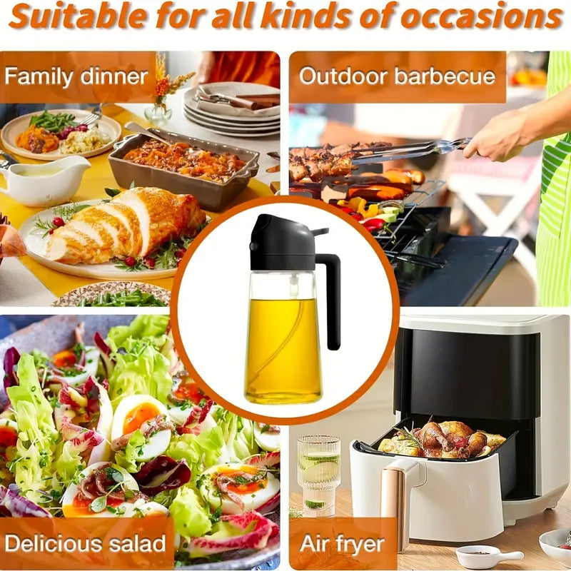 Portable Oil Sprayer And Dispenser 2-In-1, Olive Oil Mister And Pourer, 470ML Glass Kitchen Oil Spray Bottle for Cooking, BBQ, Air Fryer, Baking, Salad
